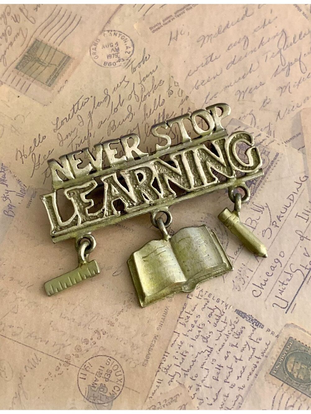 Vintage Never Stop Learning Inspirational Book & Pencil Dangle Pin Brooch
